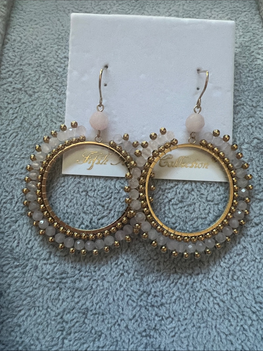 Gold Hoop Earrings with Rose Quartz Beads —